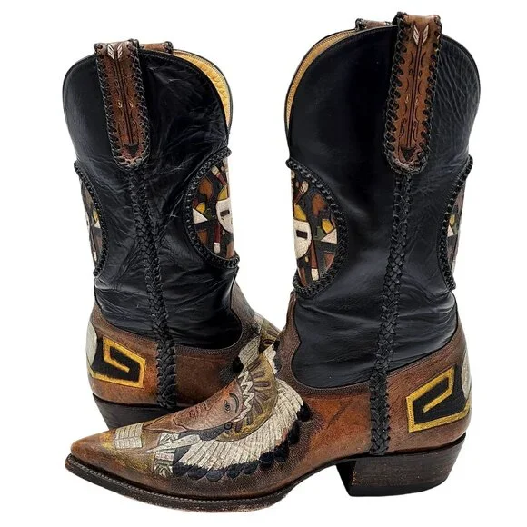 Custom 9D Hand Tooled/ Painted Native American Chief boots Vintage 1995 Western - Picture 16 of 16